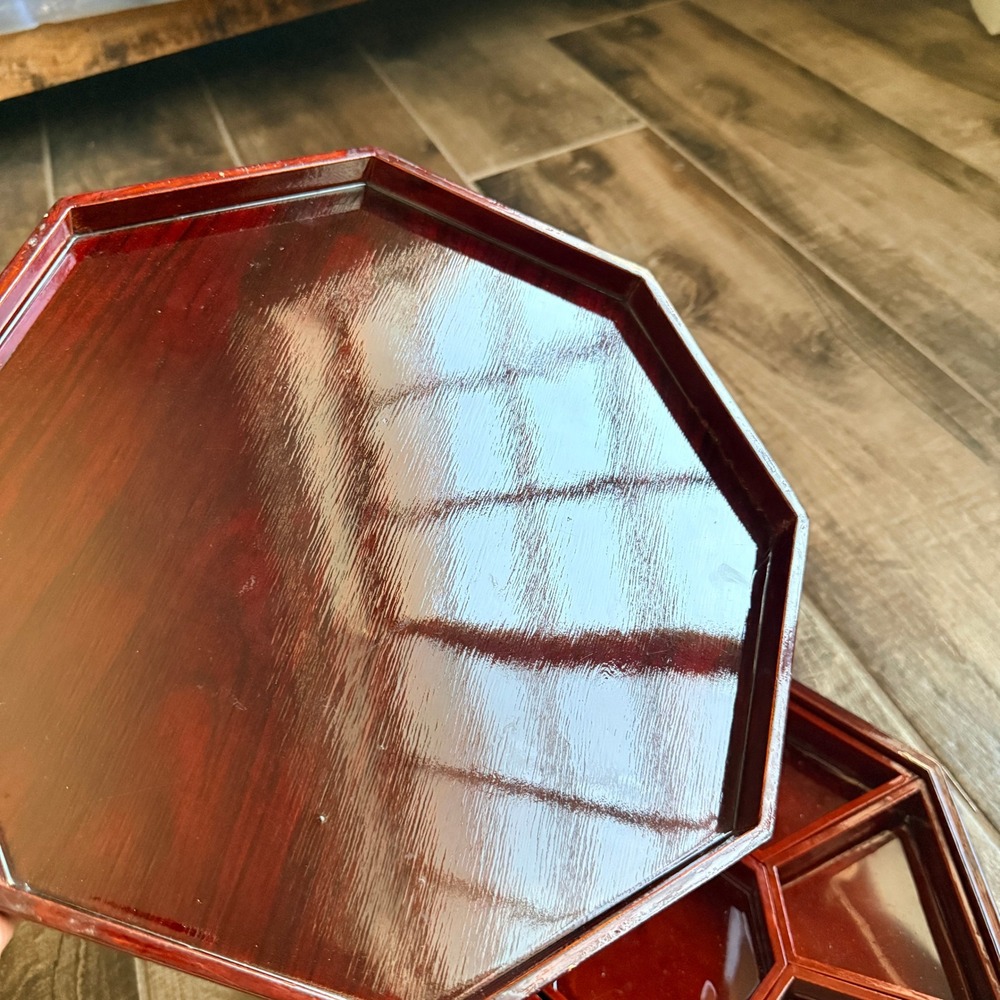 Vintage Mother of Pearl Inlay Dove Flower 12" Octagonal Lacquered Wooden Box - Picture 6 of 9